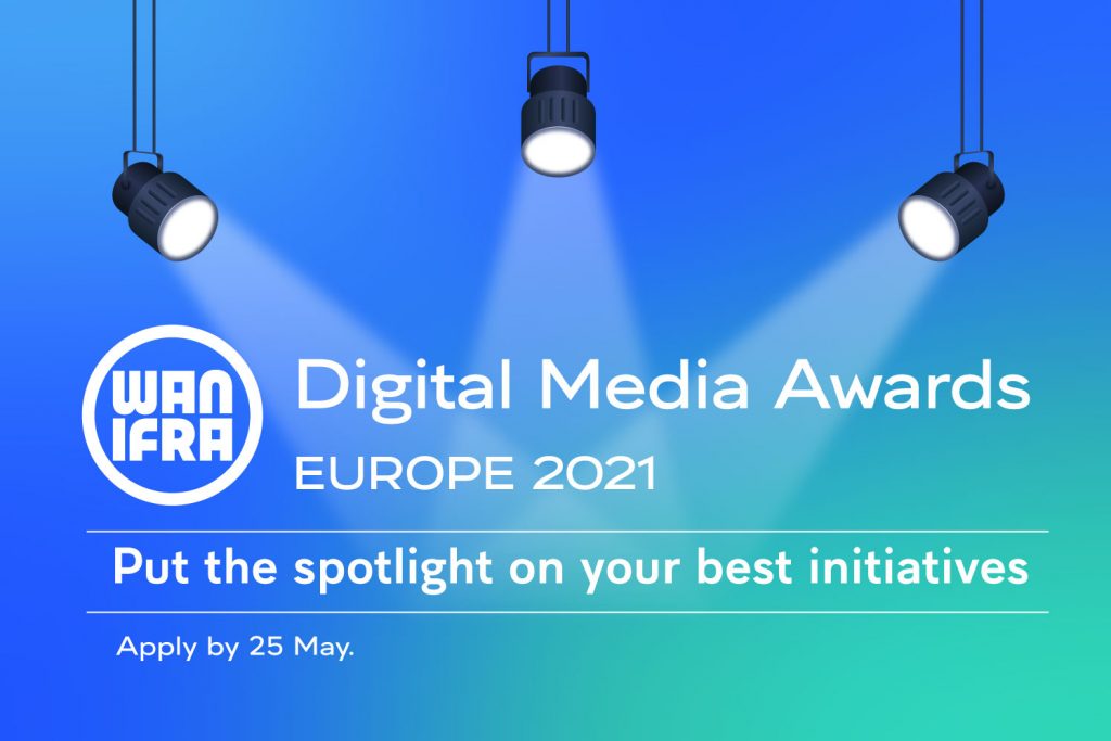 Der Weltverband der Zeitungen und Nachrich­tenmedien (WAN-IFRA) lädt Verlage ein, ihre Projekte für die Digital Media Awards bis 25. Mai 2021 einzureichen. Bei den Awards werden Projekte ausgezeichnet, die einzigartig und originell mit Digitalen Medien und mobilen Strategien arbeiten. 